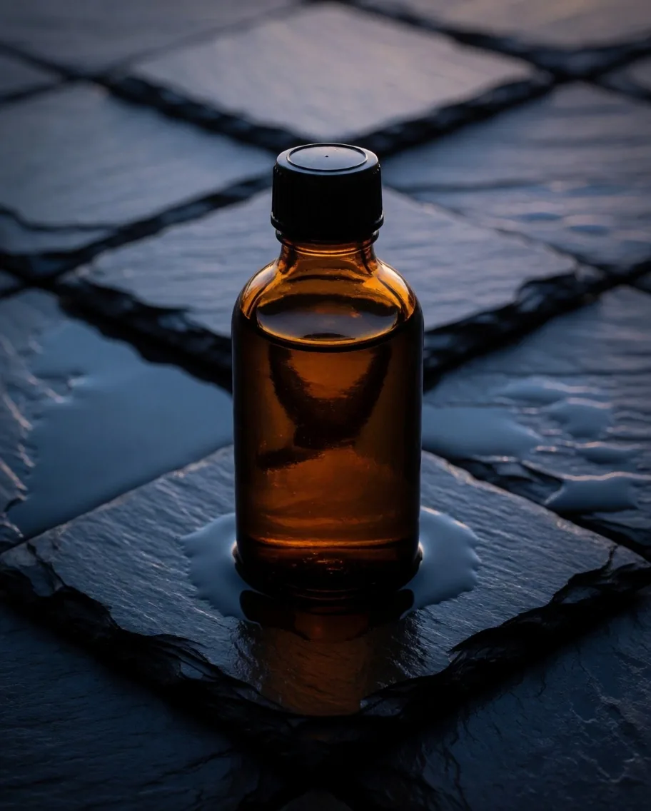 Amber glass tincture bottle under raked mineral light