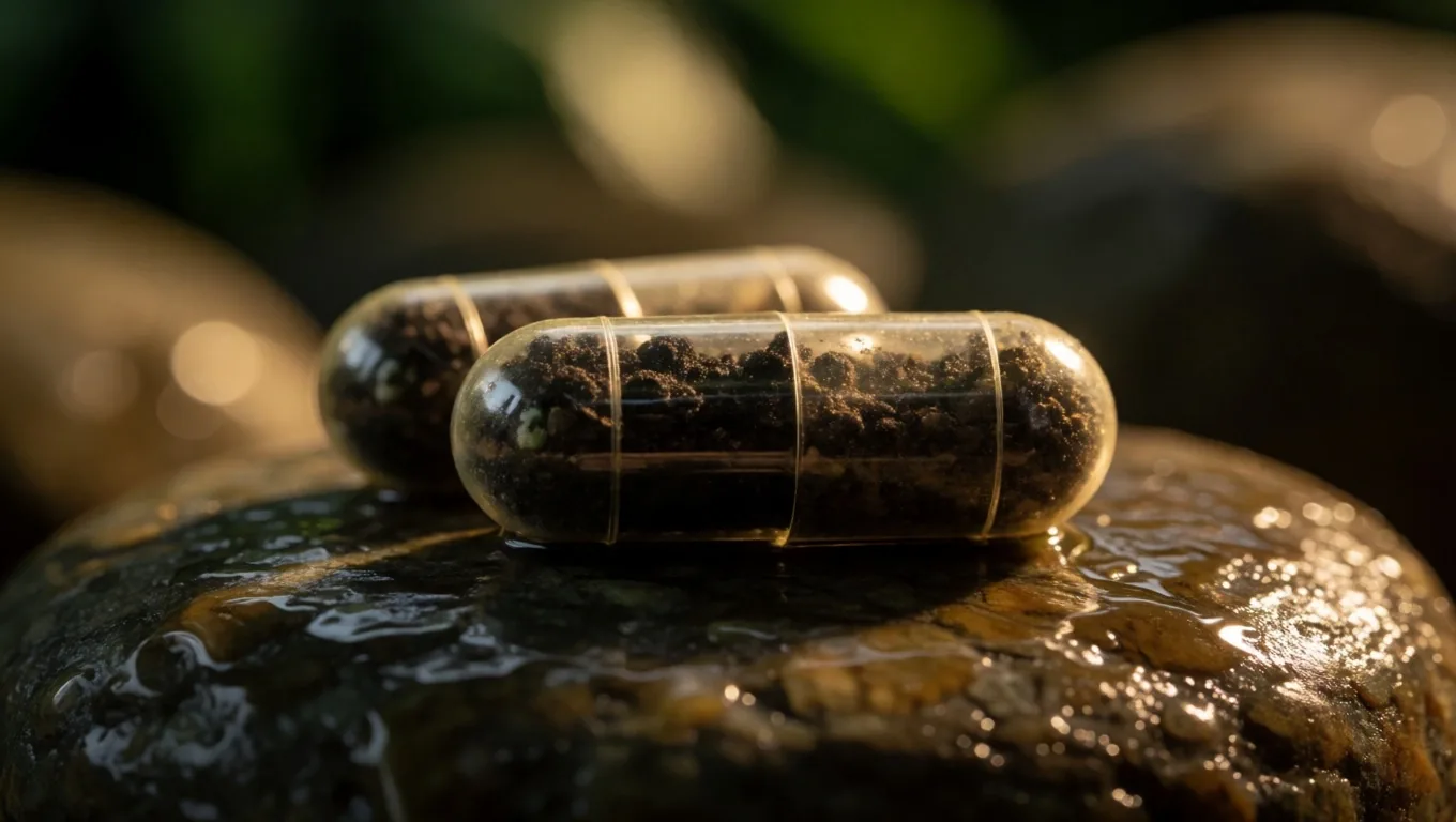 Natural supplement capsules on dark stone under raked mineral light