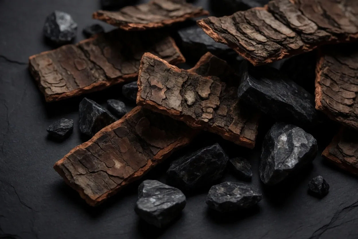Raw botanical and mineral ingredients on dark slate