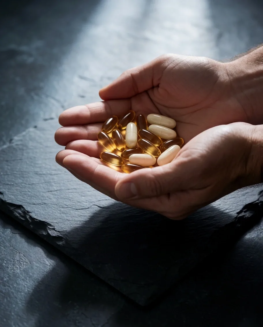 Hands examining supplement capsules under mineral light