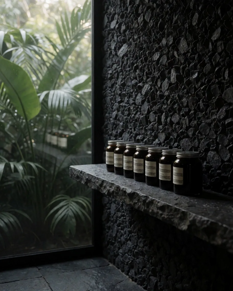 Natural tincture bottles on a vitrine shelf under mineral light
