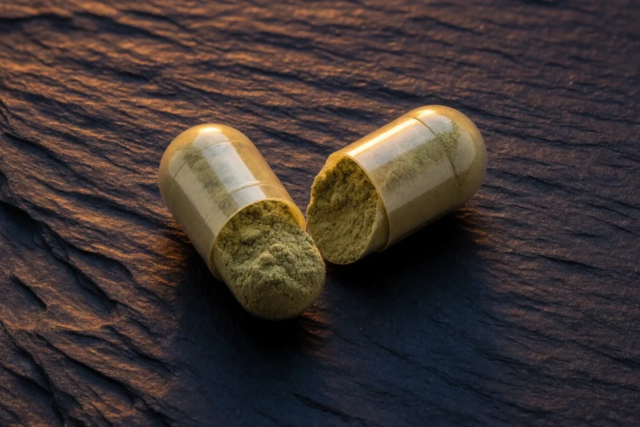 Cross-section of a natural supplement capsule showing plant-based powder interior