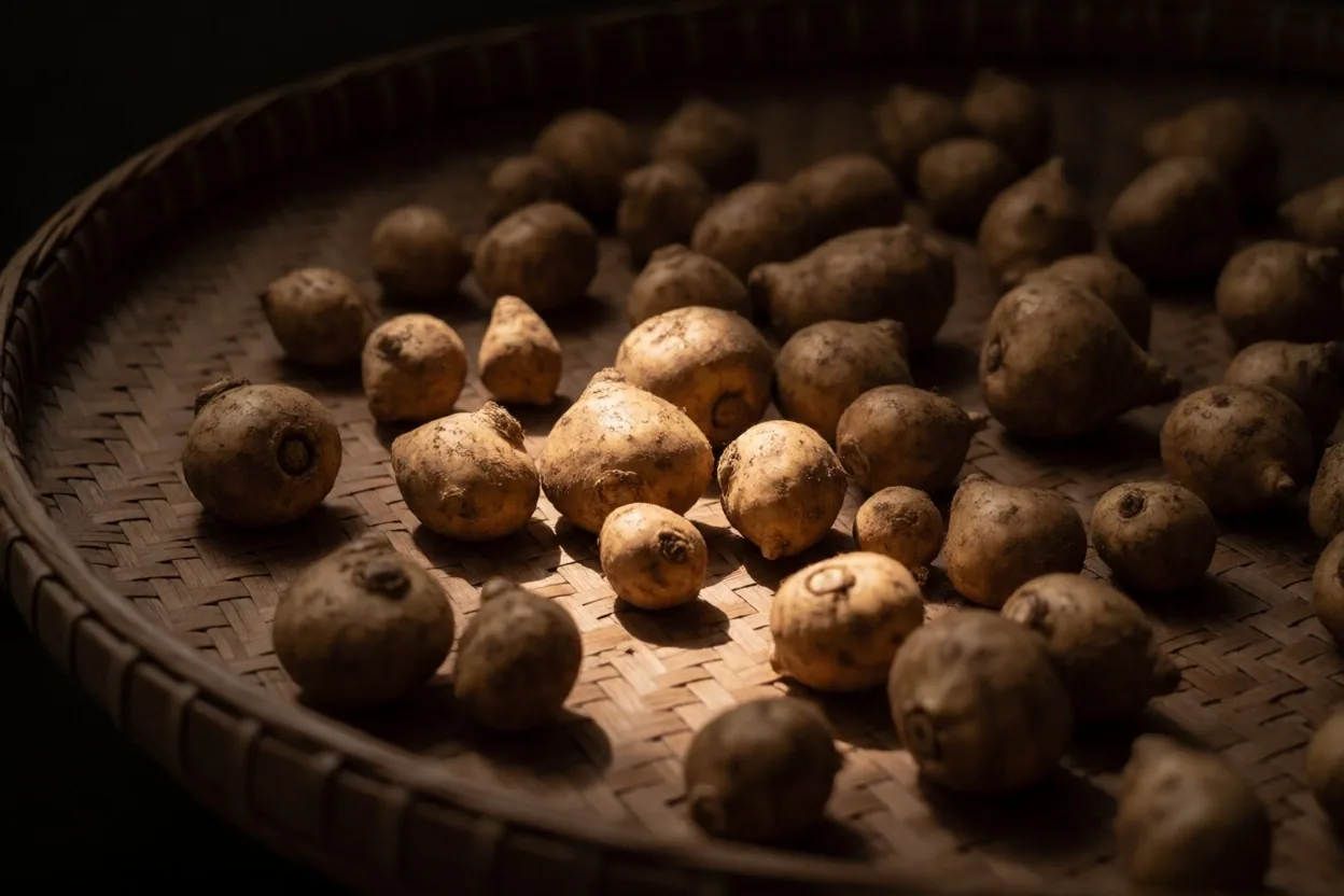 Dried ginseng roots and maca powder as mineral specimens under raked light