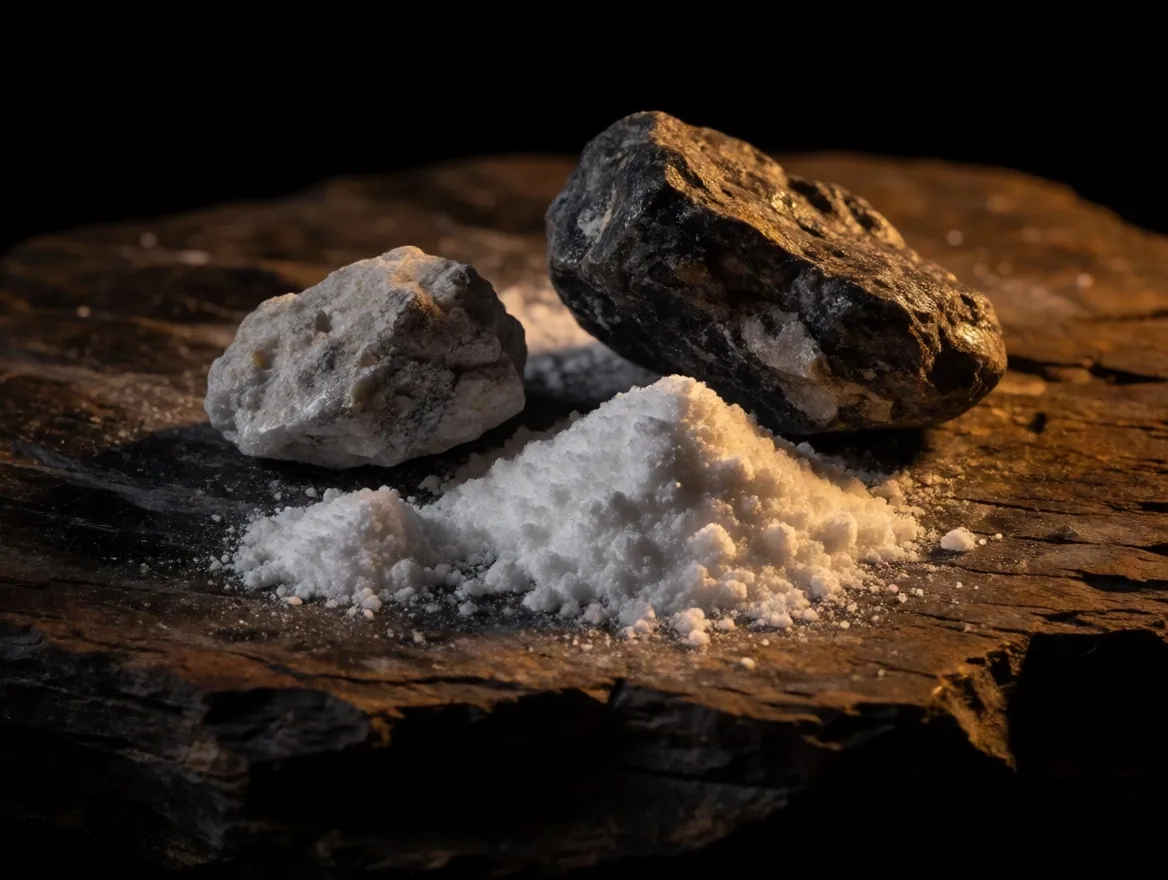 Magnesium citrate and zinc gluconate powders photographed on dark stone
