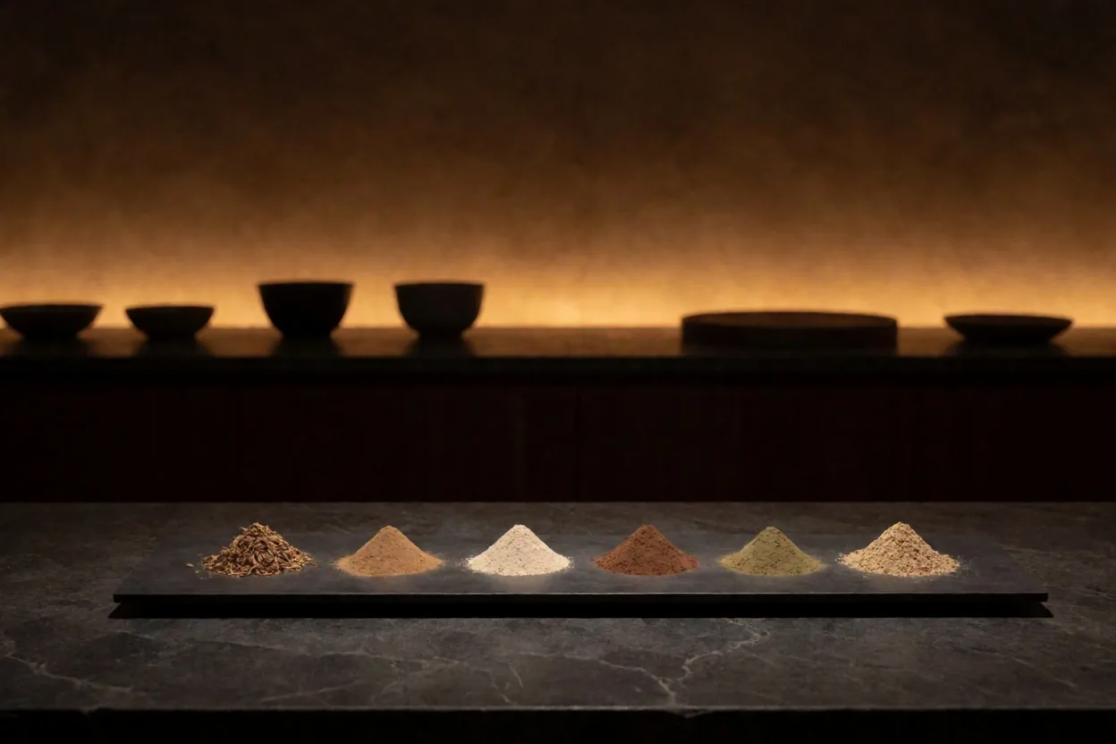 Pure botanical powders arranged on a dark vitrine tray