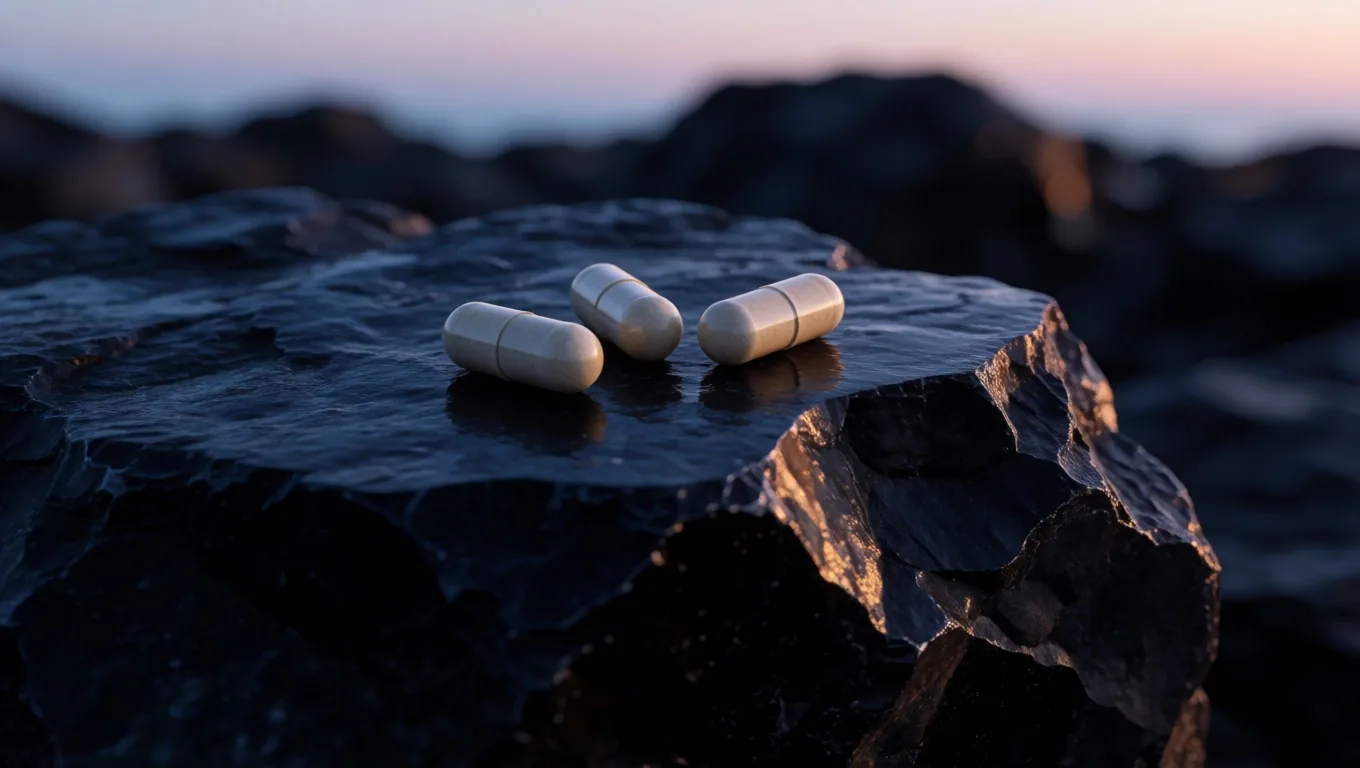 Natural supplement capsules photographed on dark stone surface