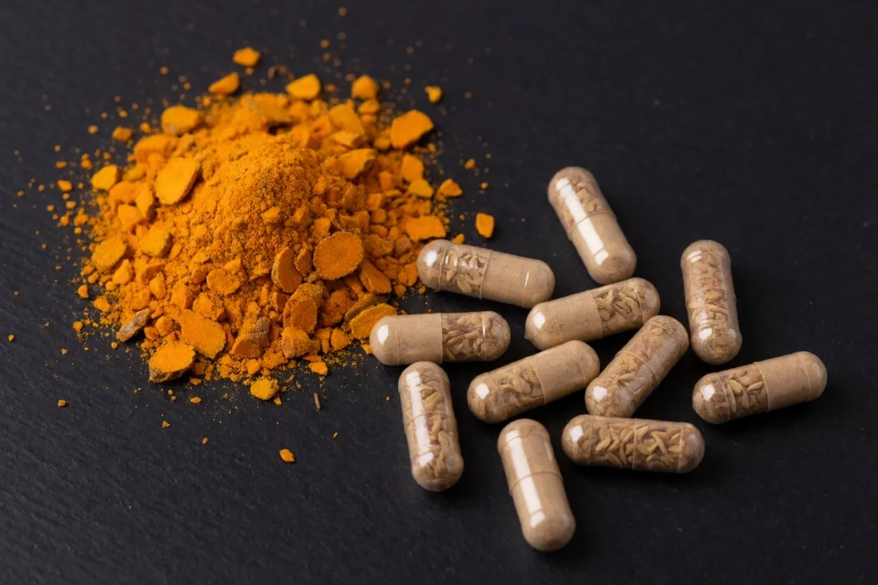 Natural supplement capsules and powder on dark stone under raked light