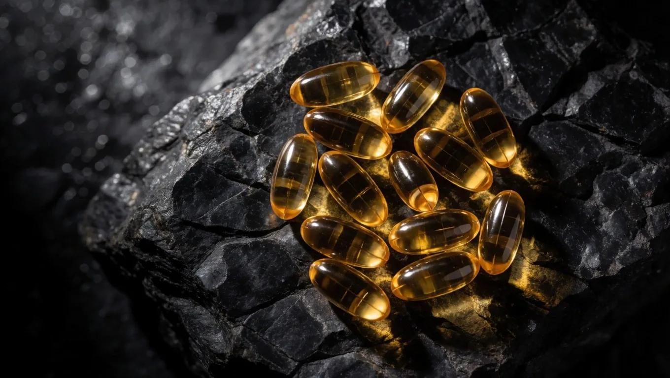 Natural supplement capsules photographed under raked mineral light on dark stone