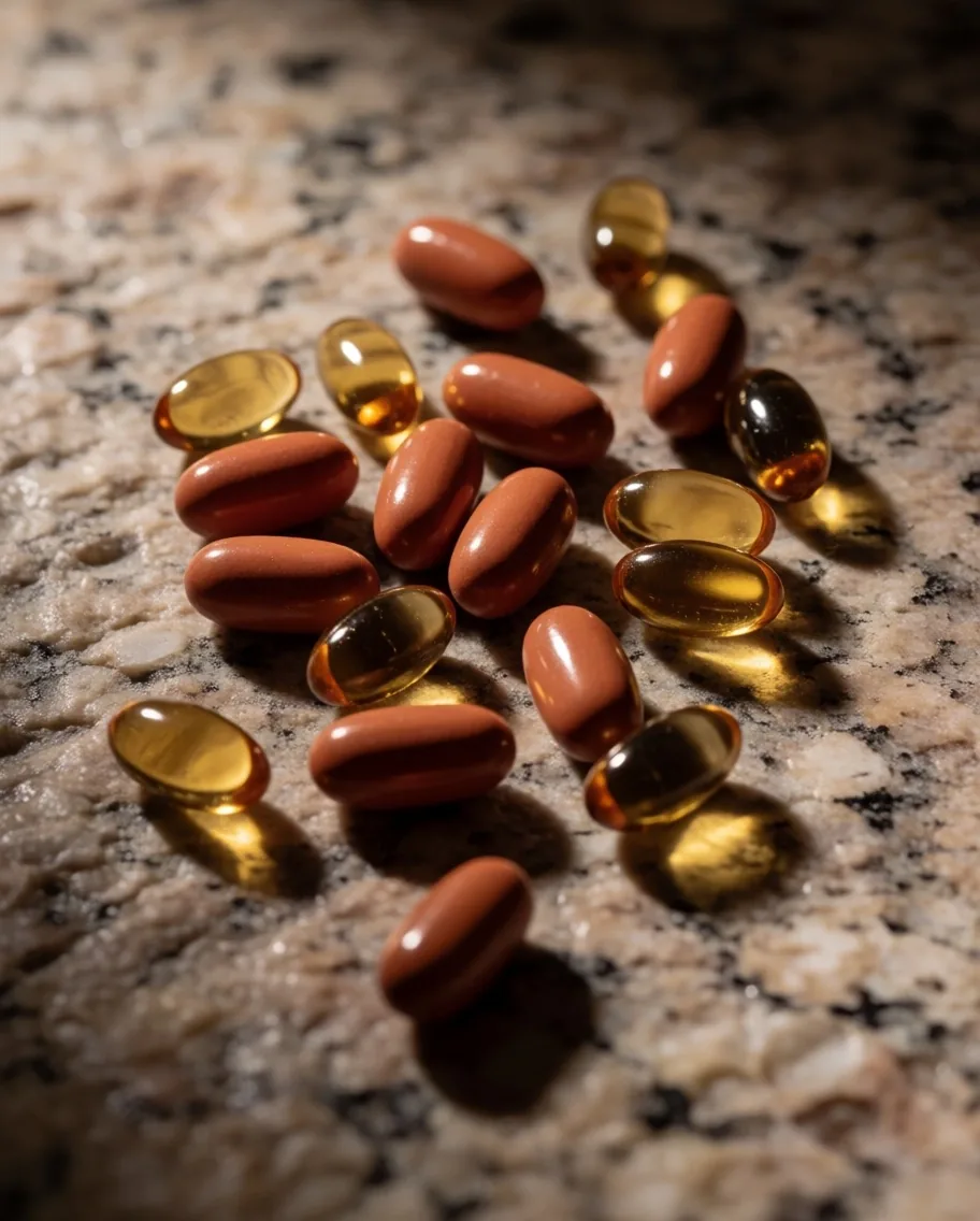 Variety of natural supplement capsules on stone